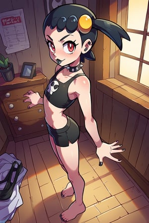 score_9, score_8_up, score_7_up, score_6_up, inside a house, flat chested,  underage body, looks at viewer, full body, cartoon, Pokemon X & Y artstyle, dynamic pose, from side, from above, sexy pose, red eyes, caucasion, standing, small little girl body, cute face, good lighting, Bonnie from Pokemon X & Y, skinny, black hair, side ponytail, good lighting, black nails, black lipstick , goth clothing with skull symbol, black spiked choker