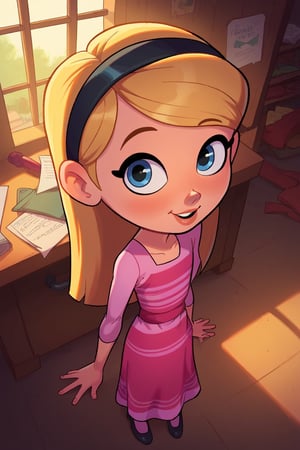 score_9, score_8_up, score_7_up, score_6_up, inside a house, flat chested,  underage body, looks at viewer, full body, cartoon, Mr. Peabody and Sherman artstyle,, from above, sexy pose, pink dress ,penny peterson, long hair, blue eyes, caucasion, 7 year old girl body, cute face