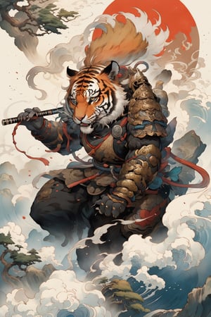 "detailed masterpiece, artwork featuring an astonishingly robust ((Tiger)) in intricately  traditional samurai armor, ((with katanas sheathed on its back)), a fierce and captivating demeanor while perched on a sturdy rock. The artwork should be in a 3D cartoon style, infused with elements of , specifically drawing inspiration from Japanese mythology and traditional artwork. The frog should also wear a samourail ((straw_hat)) backward on its head. The composition should have the tiger's body facing the camera, projecting a commanding presence., in a ((meditative pose)), with one hand gracefully holding a ((churchwarden pipe  with smoke))",mythical clouds,perfect hand,3DMM,
looking_at_viewer,body facing at the viewer,weapon,ink scenery,on parchment,