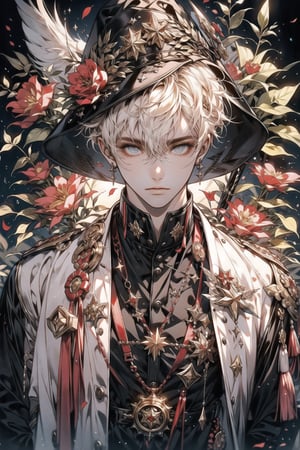 A young man wearing a future army uniform, with a wizard hat, countless glass shards, magic aperture, and crimson flowers