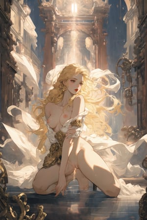 steampunk architecture background, the girl has (Mechanical left arm), (mechanical right leg),(best aesthetic nipple),yellow long hair,full_body,red lip, sexy position,The scene exudes an ethereal and dreamy atmosphere, with a touch of mystery and sexiness. The graphic style blends watercolor and digital illustration techniques to evoke a refined beauty and charm. The lights are filled with soft light, casting soft highlights and shadows on her charming features, front light, Bare thighs, three-dimensional facial features, red clear eyes, nude, nsfw, peeing, open legs, cum_leak