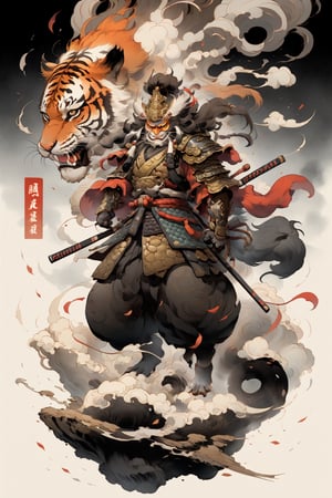 "detailed masterpiece, artwork featuring an astonishingly robust ((women)) in intricately  traditional samurai armor, ((with katanas sheathed on its back)), a fierce and captivating demeanor while perched on a sturdy rock. The artwork should be in a 3D cartoon style, infused with elements of , specifically drawing inspiration from Japanese mythology and traditional artwork. The frog should also wear a samourail ((straw_hat)) backward on its head. The composition should have the tiger's body facing the camera, projecting a commanding presence., in a ((meditative pose)), with one hand gracefully holding a ((churchwarden pipe  with smoke))",mythical clouds,perfect hand,3DMM,
looking_at_viewer,body facing at the viewer,weapon,ink scenery,on parchment,