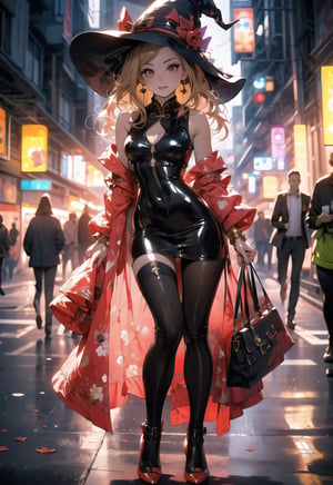 red eyes,evil,golden,shiny,blonde,high detail,midway,perfect eyes,color magic,urban high-tech clothing,ochako,better witch,,long hair,full body,detailed high heels,rip crack cheongsam