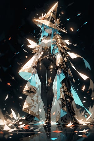 A young women wearing a future army uniform, with a wizard hat, from head to foot,countless glass shards, magic aperture, and crimson flowers, cyan_body,Detailedface