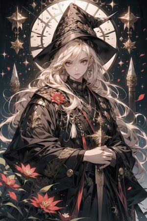 A young women wearing a future army uniform, with a wizard hat, countless glass shards, magic aperture, and crimson flowers