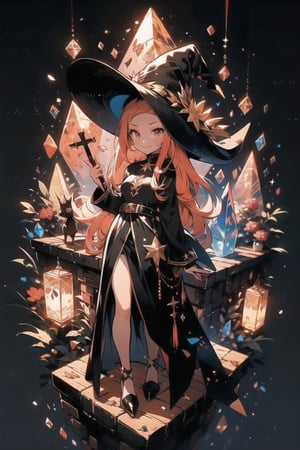 full body, long shot, red eyes, evil, golden, shiny, golden hair, high details, perfect eyes, color magic, crystal cave scene, ochako, better witch, long hair, edge Gesugao, multi-aperture behind, cross black Star,1 girl,isometric