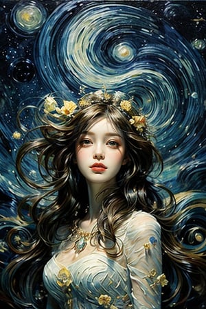 The portrait of a beautiful girl with golden silky long hair and dreamy contact lenses is centered and the composition is in perfect proportions. It combines Van Gogh's blue "Starry Night" color, Dali's Surrealism, and Mucha's Art Nouveau style to present A harmonious dream where reality and fantasy are blurred. The wedding is full of fantasy flowers, complexity and mystery. light and shadow. she wears a white see-through wedding dress. 
