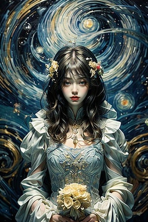 The portrait of a beautiful girl with golden silky long hair and dreamy contact lenses is centered and the composition is in perfect proportions. It combines Van Gogh's blue "Starry Night" color, Dali's Surrealism, and Mucha's Art Nouveau style to present A harmonious dream where reality and fantasy are blurred. The wedding is full of fantasy flowers, complexity and mystery. light and shadow. she wears a white see-through wedding dress. 
