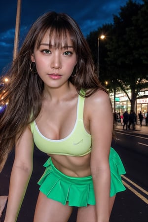 Beautiful girl 20 years old standing in the street in London at night, top model face,chinese, wearing tight green neon top with tight green neon short skirt, full body shot, people walking in the back ground, looking at the camera , camera used canon wide frame, 22mm lens, light from upper right toward the face of the girl, sexy face, (photorealistic:1.4, realistic), highly detailed CG unified 8K wallpapers, straight hair, 8k uhd, dslr, soft lighting, high quality, film grain, Fujifilm XT3, (close up shot:1.2), realism, realistic photo, award winning photo,chinese,breasts, long hair, brown hair,  realistic,lips, cleavage, parted lips,blurry_light_background,(bent over:1.3),