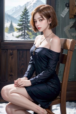 In the mountains, Exterior,Sitting in an armchair,Semi-profile sitting, Mona Lisa position,antique and luxurious armchair, Full body,Smiling slightly, 30-year-old,Realistic photos,a tight short black mini dress:1.8,high heels, masterpiece, highest quality, nipples visible:0.2 , panties visible:1.2 , bright gentle brown eyes, necklace,(Off-the-shoulder:1.2),bracelet, bright snow-white skin, high detail skin,short brown hair, delicate hairpin, delicate beautiful face, Tsundere expression,studio lighting,Girl ,medium breasts,shy, 1girl,DSKBSP,jennie,nobara kugisaki