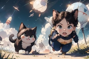 a beautiful girl and a cat flying in the sky like Superman with a space helmet on its head,Pusheen,superwoman (mary batson),felicia_blackcat_aiwaifu,DonMC3l3st14l3xpl0r3rsXL