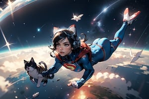 A beautiful girl and her cat wearing space helmets on their heads and flying around the small round blue earth like Superman,mgln