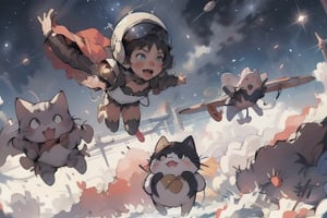 a beautiful girl and a cat flying in the sky like Superman with a space helmet on its head,Pusheen,superwoman (mary batson),felicia_blackcat_aiwaifu,DonMC3l3st14l3xpl0r3rsXL,LODBG,ChineseWatercolorPainting