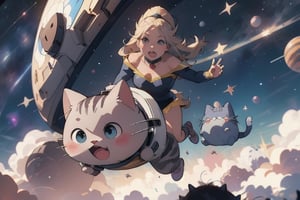 a beautiful girl and a cat flying in the sky like Superman with a space helmet on its head,Pusheen,superwoman (mary batson),felicia_blackcat_aiwaifu,DonMC3l3st14l3xpl0r3rsXL,FFIXBG