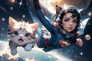 A beautiful girl and her cat wearing space helmets on their heads and flying around the small round blue earth like Superman,mgln