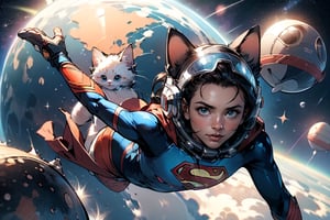 A beautiful girl and her cat wearing space helmets on their heads and flying around the small round blue earth like Superman,mgln