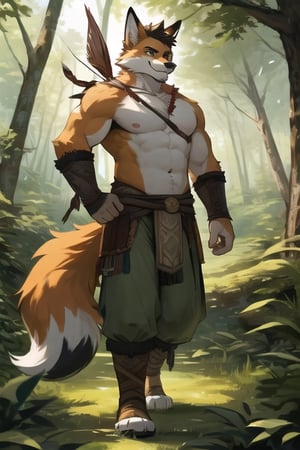 Fox, handsome, beard, middle age, full body , zoom out, ,(1man),Furry, tribe, forest , shirtless, archer, bow, arrow