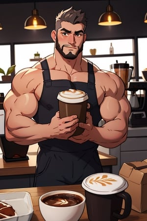 (best Quality), (Masterpiece), arafed, an illustration of a grown man, (mature_male), light_brown skin, (bara), rugged, muscular_pecs , thick forearms, solo, facial hair, short hair, manly, solo, broad shoulders, slight smile, gray_hair, dyed_hair,(1man),muscular, brown eyes , barista, coffee ,Mukbang