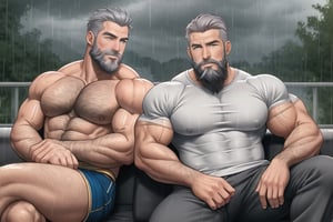 2men, Body builder man, hyper muscular, handsome, beard, grey hair, middle age, sitting, rainy day, zoom out