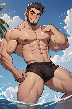 (best Quality), (Masterpiece), arafed, an illustration of a grown man, (mature_male), light_brown skin, (bara), rugged, muscular_pecs , thick forearms, solo, facial hair, short hair, swimming underwear, naked, manly, solo, broad shoulders, slight smile, gray_hair, dyed_hair,(1man),muscular, brown eyes, sexy pose,busted breasts,busted ass,Beautiful Beach,jack