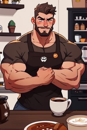 (best Quality), (Masterpiece), arafed, an illustration of a grown man, (mature_male), light_brown skin, (bara), rugged, muscular_pecs , thick forearms, solo, facial hair, short hair, manly, solo, broad shoulders, slight smile, gray_hair, dyed_hair,(1man),muscular, brown eyes , barista, coffee ,Mukbang,handsome male