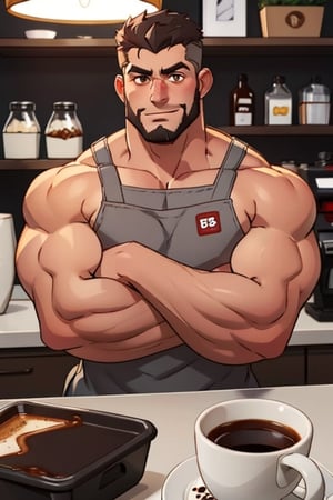 (best Quality), (Masterpiece), arafed, an illustration of a grown man, (mature_male), light_brown skin, (bara), rugged, muscular_pecs , thick forearms, solo, facial hair, short hair, manly, solo, broad shoulders, slight smile, gray_hair, dyed_hair,(1man),muscular, brown eyes , barista, coffee ,Mukbang
