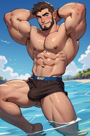 (best Quality), (Masterpiece), arafed, an illustration of a grown man, (mature_male), light_brown skin, (bara), rugged, muscular_pecs , thick forearms, solo, facial hair, short hair, swimming underwear, manly, solo, broad shoulders, slight smile, gray_hair, dyed_hair,(1man),muscular, brown eyes, sexy pose,busted breasts,busted ass,Beautiful Beach