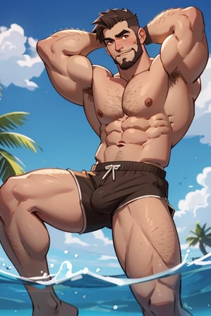 (best Quality), (Masterpiece), arafed, an illustration of a grown man, (mature_male), light_brown skin, (bara), rugged, muscular_pecs , thick forearms, solo, facial hair, short hair, swimming underwear, manly, solo, broad shoulders, slight smile, gray_hair, dyed_hair,(1man),muscular, brown eyes, sexy pose,busted breasts,busted ass,Beautiful Beach