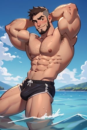 (best Quality), (Masterpiece), arafed, an illustration of a grown man, (mature_male), light_brown skin, (bara), rugged, muscular_pecs , thick forearms, solo, facial hair, short hair, swimming underwear, naked, manly, solo, broad shoulders, slight smile, gray_hair, dyed_hair,(1man),muscular, brown eyes, sexy pose,busted breasts,busted ass,Beautiful Beach