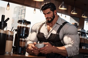 Photorealistic, full body, body builder man, oversized huge muscular, American handsome face, black hair, beard, tan skin, big eyes, he is barista, making coffee, coffee shop, freshly in the morning, the light from the top, high resolution, sharp focus