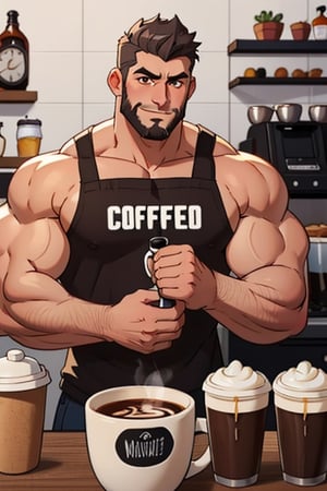 (best Quality), (Masterpiece), arafed, an illustration of a grown man, (mature_male), light_brown skin, (bara), rugged, muscular_pecs , thick forearms, solo, facial hair, short hair, manly, solo, broad shoulders, slight smile, gray_hair, dyed_hair,(1man),muscular, brown eyes , barista, coffee ,Mukbang,handsome male