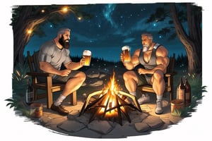 3men, Body builder man, hyper muscular, handsome, beard, grey hair, middle age,  campfire, midnight, fireflies, drinking beer
