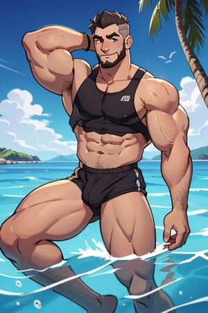 (best Quality), (Masterpiece), arafed, an illustration of a grown man, (mature_male), light_brown skin, (bara), rugged, muscular_pecs , thick forearms, solo, facial hair, short hair, swimming suit, manly, solo, broad shoulders, slight smile, gray_hair, dyed_hair,(1man),muscular, brown eyes, sexy pose,busted breasts,busted ass,Beautiful Beach