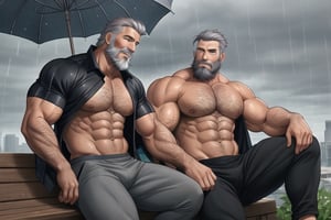 2men, Body builder man, hyper muscular, handsome, beard, grey hair, middle age, sitting, rainy day, zoom out