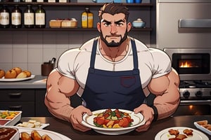 (best Quality), (Masterpiece), arafed, an illustration of a grown man, (mature_male), light_brown skin, (bara), rugged, muscular_pecs , thick forearms, solo, facial hair, short hair, manly, solo, broad shoulders, slight smile, gray_hair, dyed_hair,(1man),muscular, brown eyes , chef ,sitting,foodstyle,Mukbang