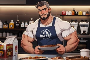 (best Quality), (Masterpiece), arafed, an illustration of a grown man, (mature_male), light_brown skin, (bara), rugged, muscular_pecs , thick forearms, solo, facial hair, short hair, manly, solo, broad shoulders, slight smile, gray_hair, dyed_hair,(1man),muscular, brown eyes , barista, ,Mukbang