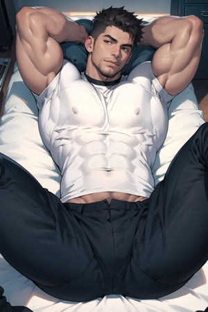 1guys, fabric pants,  t shirt, huge muscular, lying with legs spread wide apart