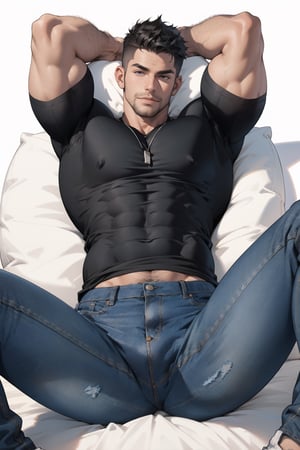 1guys, jeans,  t shirt, huge muscular, lying with legs spread wide apart