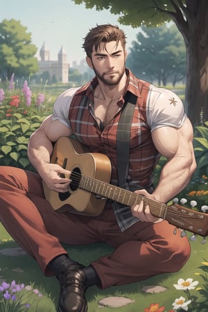 (1man),sitting, body building, muscular man, manly,  Muscular,muscular,best quality, plaid shirt, Sexy Muscular, playing folk guitar, garden background 