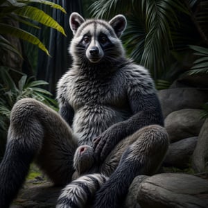 (detailed, coherent background ,best quality,high quality, High detailed, photorealistic, hyperrealistic, ultradetailed, professional photography, hdr, dslr, lifelike, best quality, high quality:1.5), rainforest, (semi-anthro, ring tailed lemur, anatomically correct, anatomically correct genitalia, sheath, erect cock:1.5) solo, sitting, lemur feet, full body, relaxing, Animal, Realism,