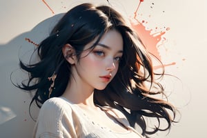 8k, RAW photo, realistic, photo-realistic, hyper-realistic, highest quality, best quality, masterpiece, highly detailed, absurdres, masterpiece, best quality, (extremely detailed CG unity 8k wallpaper, masterpiece, best quality, ultra-detailed, best shadow), (detailed background), (beautifully detailed face, beautiful detailed eyes), ultra large breasts, High contrast, (best illumination), 1girl, Australian, ((multicolored hair)), beautiful, 1/4 side view, ((colorful paint splashes on transparent background, Dulux)), ((caustic)), dynamic angle, beautifully detailed glow, light on face, full body, cowboy shot,、,masterpiece,Chromaspots,wonyounglorashy