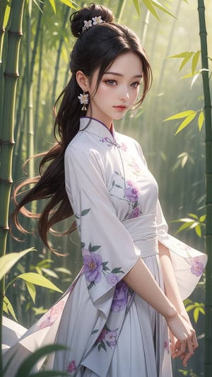 1girl,hair bun,bamboo forest, colorful flowers, chinese clothes, wearing sandals, hair ornament, black hair, long hair, earrings, jewelry, purple-white dress, upper body, windy, light through bamboo leaves, light flare,
masterpiece, best quality, ultra-detailed,