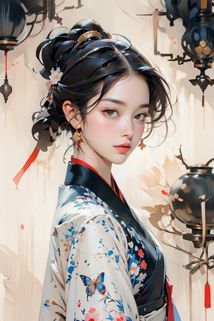  A girl, wearing hanfu, peony garden, butterfly, upper body, dark-red eyeshadow, (negative space:1.4), black eyes,  gold and white and red hue, (((black pencial brush outline stroke drawing))), white background, (Cinematic lighting, ethereal light, intricate details, extremely detailed, incredible details, full colored), complex details, hyper maximalist, gorgeous light and shadow, detailed decoration, detailed lines. masterpiece, best quality, HDR, UHD, unreal engine. looking at the camera, fair skin, beautiful face,1 girl ,pencil drawing,red dress,hanfu,qinghua,guofeng,gongbiv,evelyn 