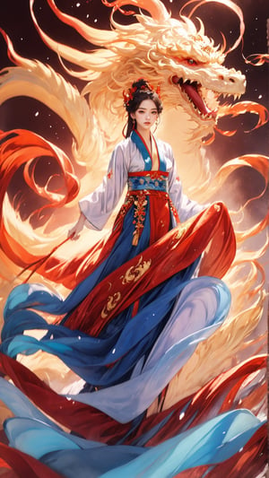 masterpiece, top quality, best quality, official art, beautiful and aesthetic:1.2), (1girl:1.9), purple-blue color long hair, ((multi-colored hanfu fashion)), wind blows, chinese dragon, golden line, (red theme:1.3), ultra-high quality, photorealistic, sky background, dynamic pose, icemagicAI
