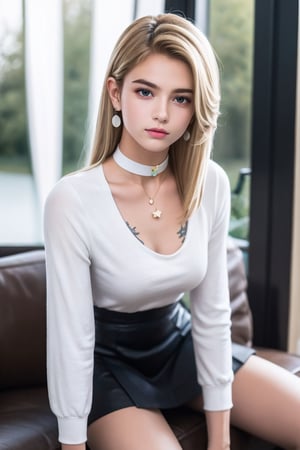 (masterpiece, best quality, high quality, perfect light, bright light)(1boy, solo, male focus, full_body, looking at viewer, close-up, straight hair, long hair, blonde hair, blunt bangs, smokey eyes, dark lipstick, eyeliner, choker, pendant earring, tattooed dragon, white knee-length skirt, ruffled petticoat, white Heeled Boots,sexy  pose)(forest, bush, grassland, lake),depth of field, better_hands