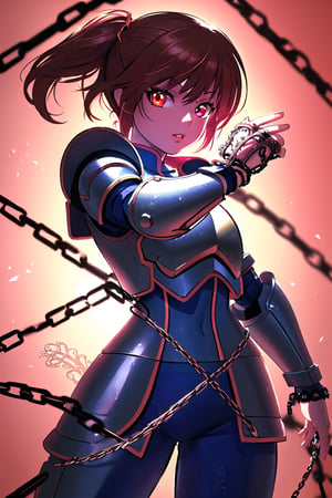 front_view, masterpiece, best quality, photorealistic, 1girl, pony_tail, brown-hair, looking at viewer, mechanical white armor, intricate armor, feminine armor, delicate blue filigree, intricate filigree, red metallic parts, detailed part, dynamic pose, detailed background, dynamic lighting, chain in background, scarlet tone background, super detail, 
