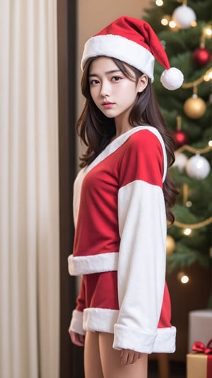 wallpaper character,
1girl, solo, (full body), santa suit, christmas_hat, 1girl, solo, telephoto lens, exquisite facial features, perfect face, glowing skin, long hair,kpop,boy,chinatsumura,young man