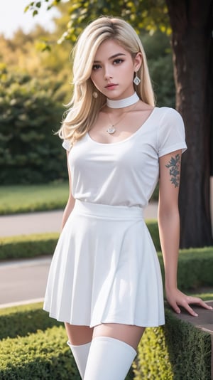 (masterpiece, best quality, high quality, perfect light, bright light)(1boy, solo, male focus, full_body, looking at viewer, close-up, straight hair, long hair, blonde hair, blunt bangs, smokey eyes, dark lipstick, eyeliner, choker, pendant earring, tattooed dragon, white knee-length skirt, ruffled petticoat, white Heeled Boots,sexy  pose)(forest, bush, grassland, lake),depth of field, better_hands