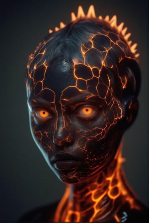 A surreal close-up of a human face where the skin appears to crack open like ceramic, revealing molten lava underneath. The cracks are glowing bright orange, and the person's eyes have an intense, fiery glow. The hair is a smoky gray, with embers flickering at the tips. The lighting is dramatic, casting harsh shadows that enhance the molten effect. The atmosphere is otherworldly and intense, with a burning, apocalyptic feel.     DB4RZ, DB4RZ style painting,   f4nt4st1c,Weird_Aquatic_Style,Weird_Alien_Fashion