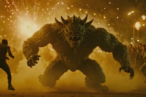 monster,((masterpiece, best quality)),photo, a monsters flying in front of a running crowd of people, war, shoots lasers from the chest, night blury a running crowd people on background, bokeh lens, detailmaster2,robot,detailmaster2,HellAI,Movie Still,Explosion Artstyle,biopunk style,biopunk